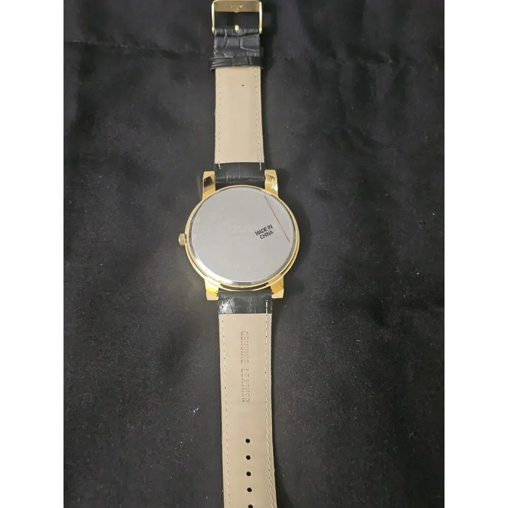 56.6mm gold tonecrystal bezel Fashion Analog Quartz watch w/Genuine Leather Band